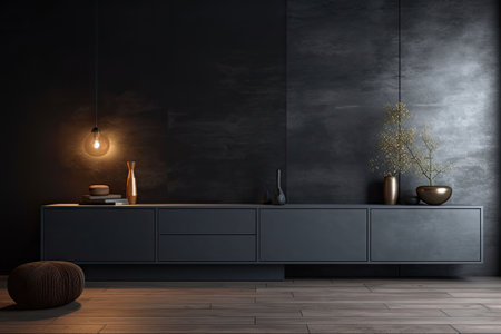 Modern living room interior in dark colors. Design with lamp, console and decoration. Generative AI illustrationの素材