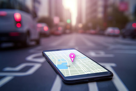 Point on smartphone with GPS navigator icon and map on blur traffic road background. Generative AI illustrationの素材
