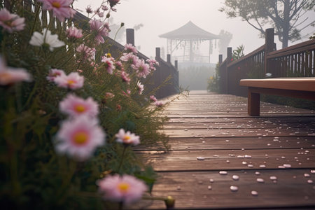 Flower wonderland with a boardwalk. Foggy background. Generative AI illustrationの素材