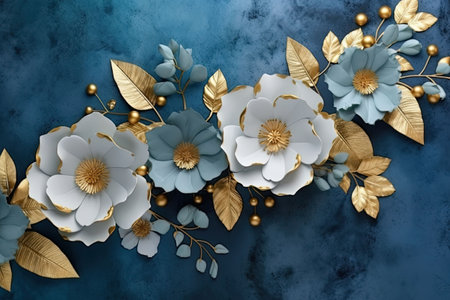 The marble texture in blue and gold colors with golden flowers. Luxurious design wallpaper. Generative AI illustrationの素材