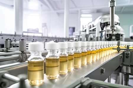 Pharmaceutical manufacture background with glass bottles with clear liquid on automatic conveyor line. Generative AI illustrationの素材