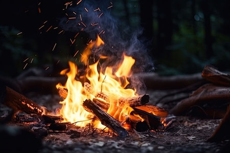 Campfire at touristic camp in the night. Flame and fire sparks on dark background. Generative AI illustrationの素材