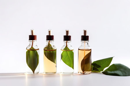 Cosmetic serum in a glass bottles with green leaves on light background. Generative AI illustrationの素材