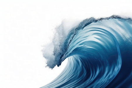 Beautiful deep blue tube wave in the ocean on white background. Generative AI illustrationの素材
