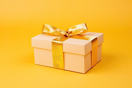 Gift box with golden satin ribbon and bow on yellow background. Generative AI illustrationの素材