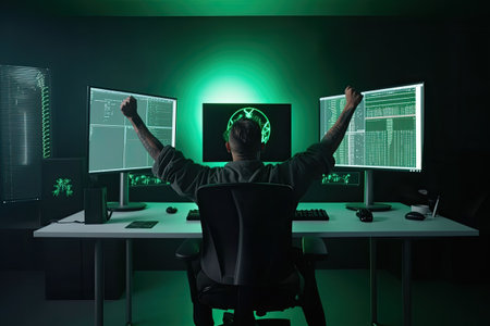 Man have fun rejoicing celebrating success while looking at laptop screen during work from home. Generative AI illustrationの素材