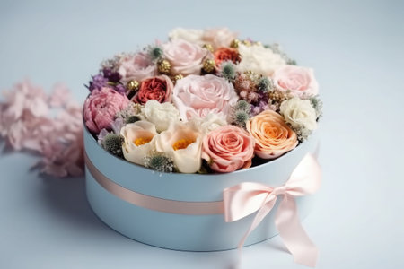 Flowers in round luxury present box on pastel background. Generative AI illustrationの素材