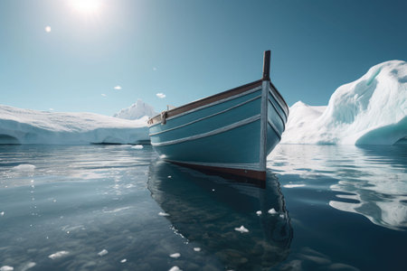 Antarctic landscape with boat and icebergs in the ocean. The ship driving through frozen sea. Dark waters with ice blocks floating in sea. Generative AI illustrationの素材