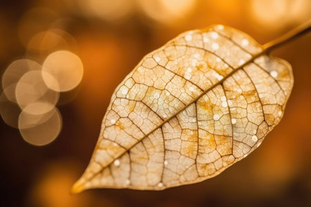 Close up white skeletonized leaf on golden background with round bokeh. Generative AI illustrationの素材