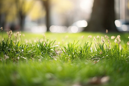 Neatly trimmed lawn on blurred spring background. Ground level view. Generative AI illustrationの素材