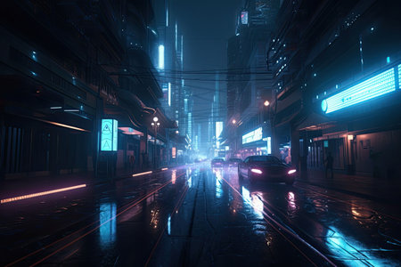 Neon night in a futuristic city. Wallpaper in a cyberpunk style. Empty street with neon lights reflecting in a water. Generative AI illustrationの素材