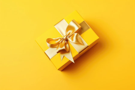 Gift box with golden satin ribbon and bow on yellow background. Generative AI illustrationの素材