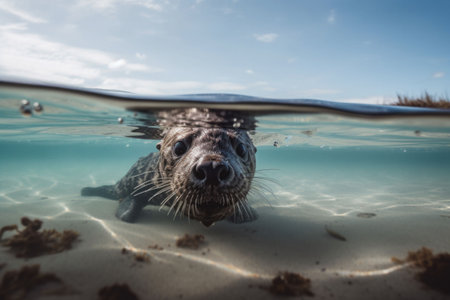 A cute sea otter swimming underwater. Waves on a sandy beach above water. Generative AI illustrationの素材