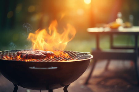 Barbecue grill with fire on open air. Blurred summer background. Generative AI illustrationの素材