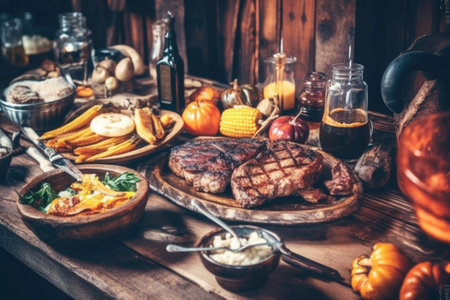Bbq steak with sauce, meat and barbecue tools, in the style of intense atmosphere. Generative AI illustrationの素材