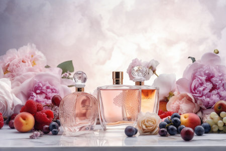 Composition with perfume and flowers. Perfume bottles, flowers and fruits on light background. Perfumery cosmetics toilet water fragrance collection. Generative AI illustrationの素材