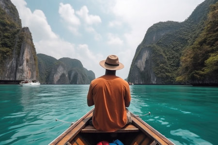 Tourist man in summer hat relaxing on boat at the beautiful islands, back view. Generative AI illustrationの素材