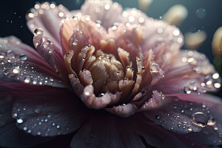 Surrealistic flowers on the alien planet with water drops. Magical morning blooming scene. Dreamy fantasy botanical background. Generative AI illustrationの素材