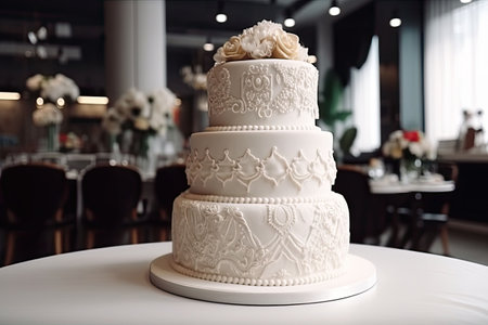 The ornate wedding cake with flowers and berries in modern interior. Generative AI illustrationの素材