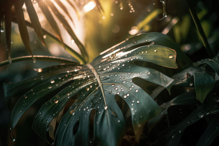 Green tropical palm leaves. Nature spring concept. Minimal summer abstract jungle or forest pattern. Generative AI illustrationの素材