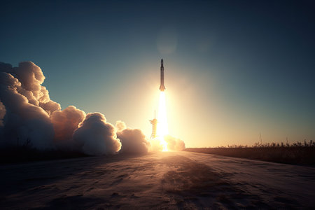 Rocket stars into space. Spaceship takes off into the sky on a mission. Generative AI illustrationの素材