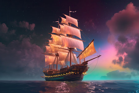 Old magic frigate flying on colorful cumulonimbus clouds. Ship in the ocean with stardust and fantasy sky. Generative AI illustrationの素材