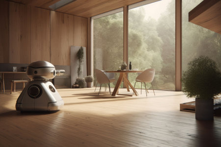 Interior design for a fully automated house with robot assistant. Concept of a smart home. Generative AI illustrationの素材