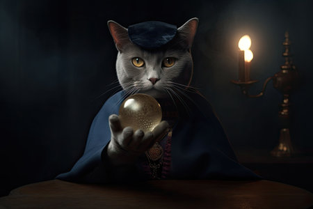 A fortune teller cat with a magic crystal ball. Generative AI illustrationの素材
