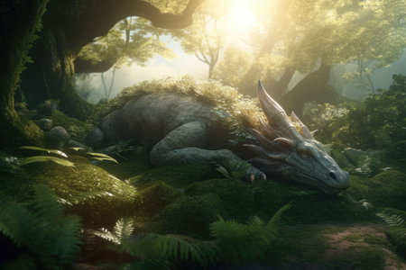 A mighty forest dragon sleeps in the sunlight, in the middle of an ancient forest. Generative AI illustrationの素材