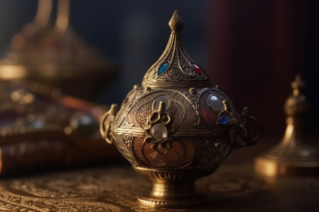 Ancient arabic lamp. Oil lamp in oriental style with floral texture. Generative AI illustrationの素材