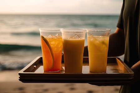 Waiter carrying cold drinks on the beach. Happy carefree summer vacation. Generative AI illustrationの素材