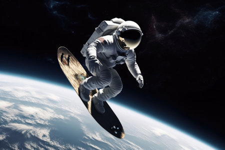 An astronaut surfing in the deep space. The spaceman on a surfboard is surfing the stars with planet Earth on background. Generative AI illustrationの素材