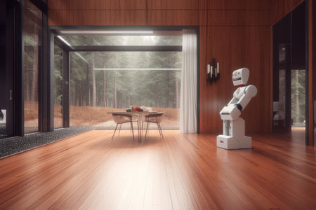 Interior design for a fully automated house with robot assistant. Concept of a smart home. Generative AI illustrationの素材