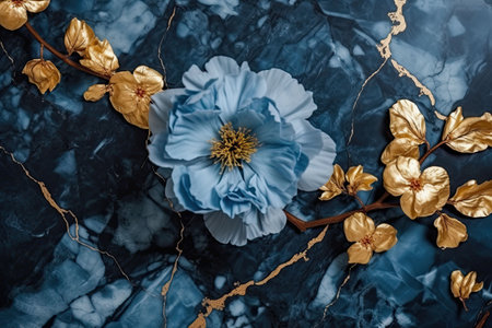 The marble texture in blue and gold colors with golden flowers. Luxurious design wallpaper. Generative AI illustrationの素材