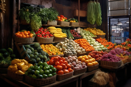 A bustling fresh market with rows of colorful fruits and vegetables. Generative AI illustrationの素材