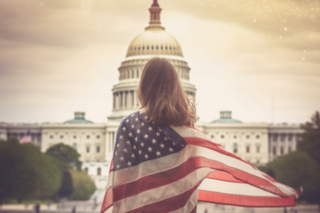 A young woman with a USA flag stands on the capitol background. Independence Day of USA. Generative AI illustrationの素材