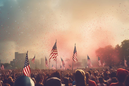 A lot of people celebrate with US national flags. Independence Day of USA. Generative AI illustrationの素材