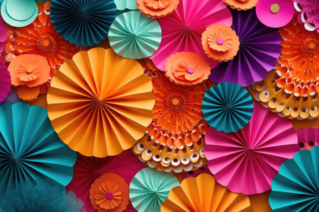 Colored background made of paper colorful fans. Decoration textured with layers. Generative AI illustrationの素材