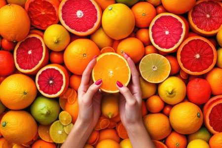 The girls hand holds a cut round slice of fresh orange. Citrus background. Generative AI illustrationの素材