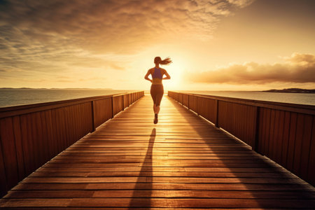 Woman running on wooden boardwalk in sunrise seaside. Sports lifestyle. Generative AI illustrationの素材