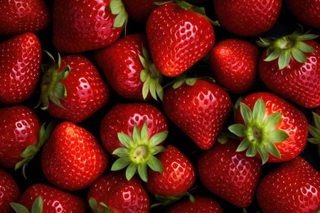 Fresh ripe strawberries with green leaves. Food background. Generative AI illustrationの素材