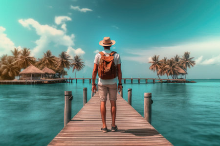 Solo travel man with backpack in summer. Young man by the sea enjoying freedom and life. Generative AI illustrationの素材