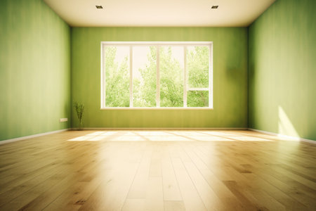 Living room with sunlight shine through a sliding door, wooden floor, green wall. Generative AI illustrationの素材