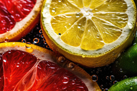 Fresh slices of different types of citrus: orange, lime, lemon, grapefruit. Generative AI illustrationの素材