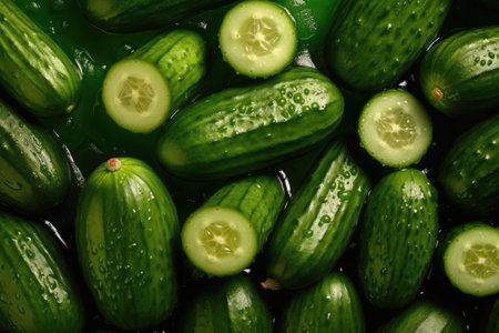 Abstract background of green cucumbers. Top view. Generative AI illustrationの素材