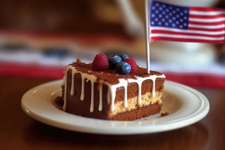 Sweet cake with USA flag, cream and colored sprinkles. 4th of July, Independence, Presidents Day concept. Generative AI illustrationの素材