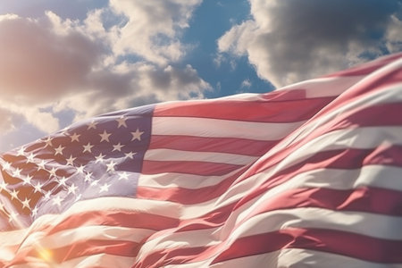 American flag on the blue sky. Independence Day of USA. Generative AI illustrationの素材