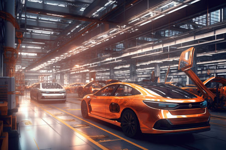 Modern technological car factory. Automated assembly line. Generative AI illustrationの素材