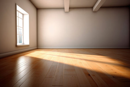 Living room with sunlight shine through a sliding door, wooden floor, white wall. Generative AI illustrationの素材
