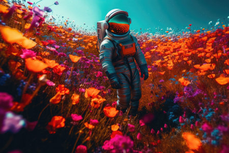 Astronaut walks in a field full of colorful flowers on an alien planet. Generative AI illustrationの素材